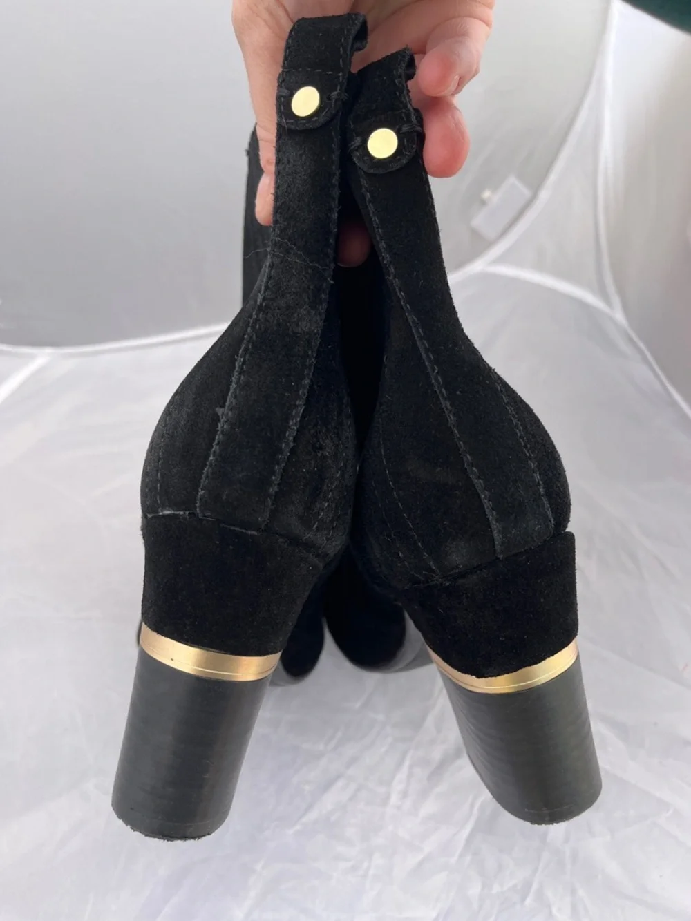 Lucca Lane Black Suede Ankle Boots Gold Hardware Accent Heel - Size 7